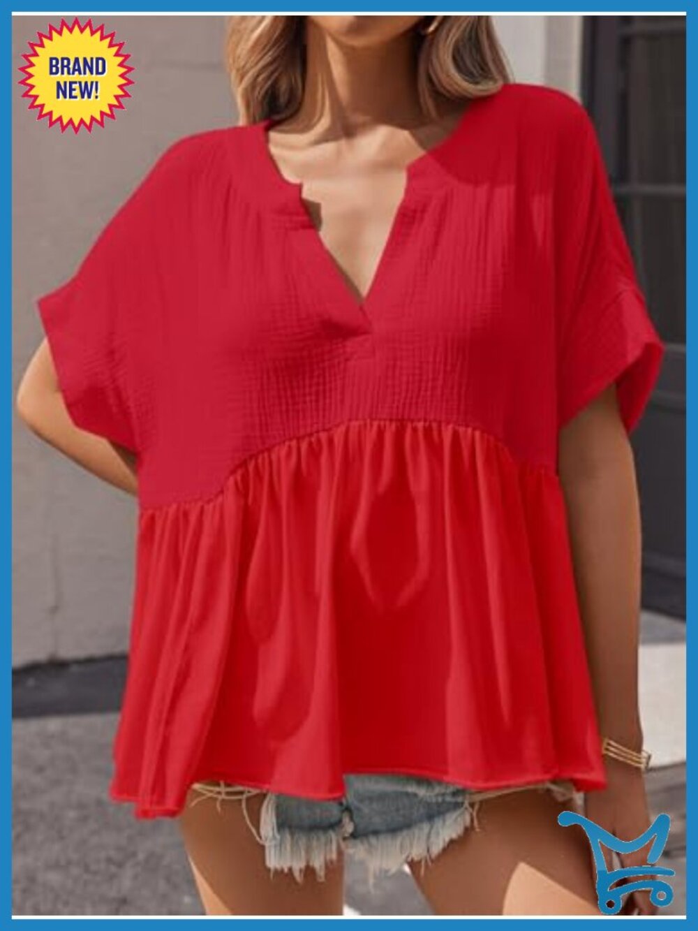 Womens Peplum Babydoll Top Summer Short Sleeve Pleated Flowy V Neck Blouse - Picture 2 of 6